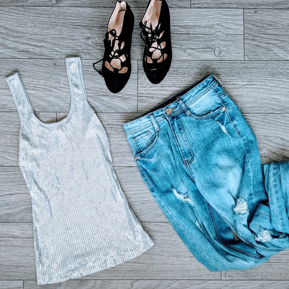 Express Sequined Gray Tank Top - XS